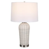 25 Inch Table Lamp, Rattan Woven, White Linen Shade, Brushed Silver Accents - BM315760