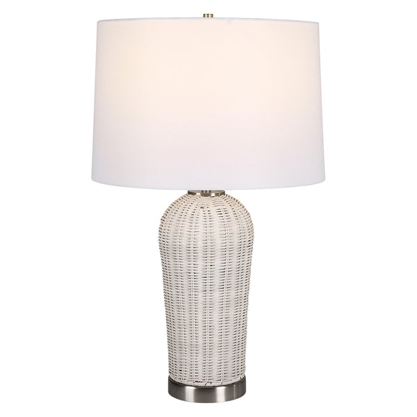 25 Inch Table Lamp, Rattan Woven, White Linen Shade, Brushed Silver Accents - BM315760