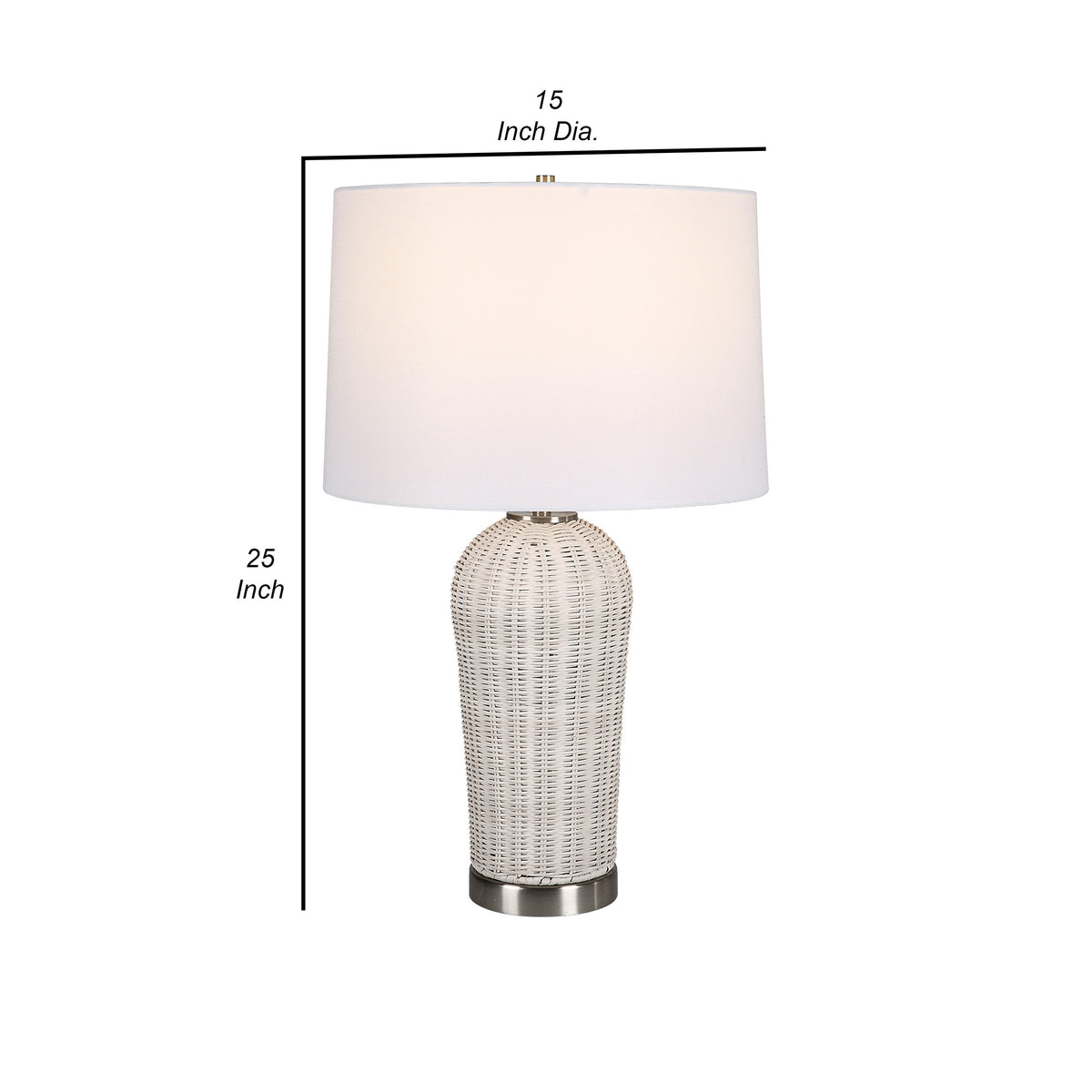 25 Inch Table Lamp, Rattan Woven, White Linen Shade, Brushed Silver Accents - BM315760