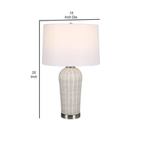 25 Inch Table Lamp, Rattan Woven, White Linen Shade, Brushed Silver Accents - BM315760