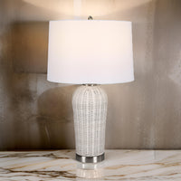 25 Inch Table Lamp, Rattan Woven, White Linen Shade, Brushed Silver Accents - BM315760