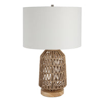 24 Inch Table Lamp, Brown Woven Rope, Linen Shade, Wood Base, Off White - BM315761