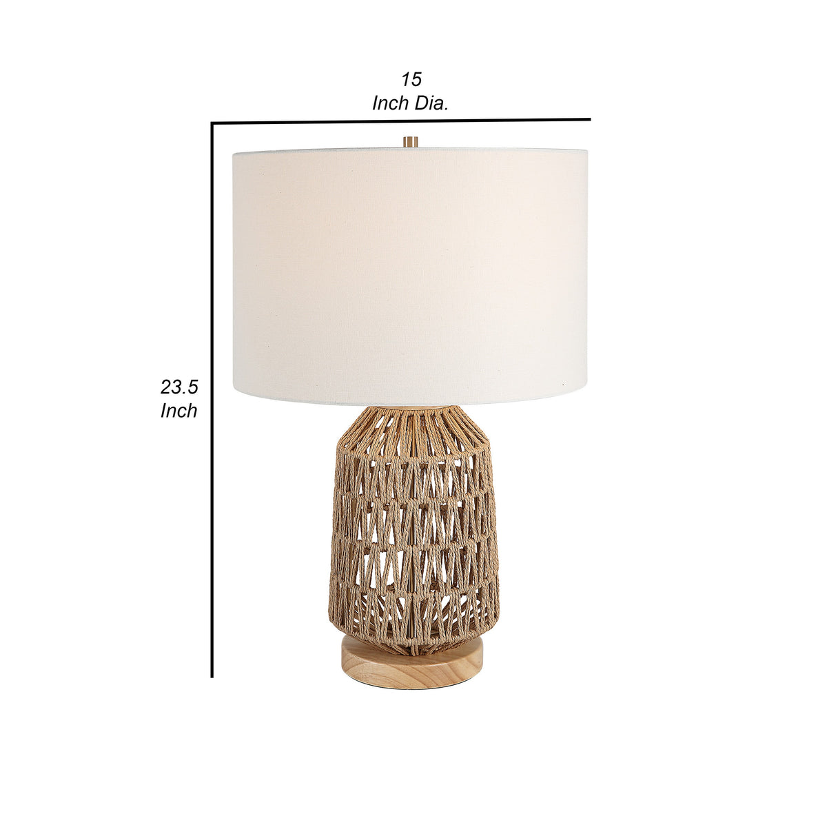 24 Inch Table Lamp, Brown Woven Rope, Linen Shade, Wood Base, Off White - BM315761