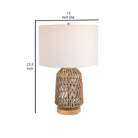 24 Inch Table Lamp, Brown Woven Rope, Linen Shade, Wood Base, Off White - BM315761