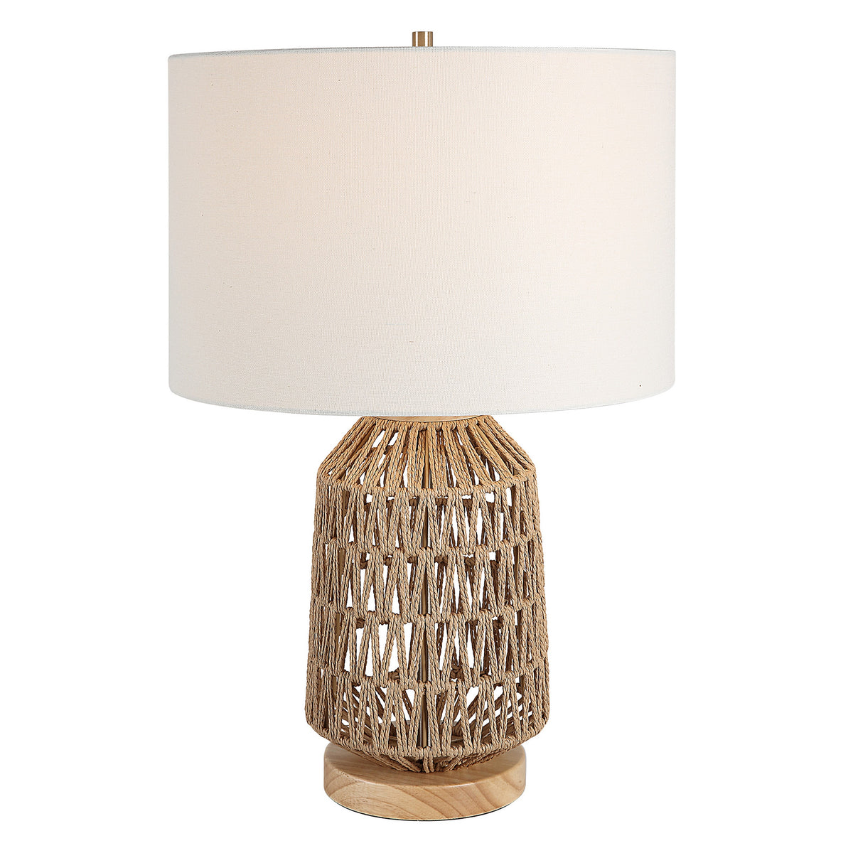 24 Inch Table Lamp, Brown Woven Rope, Linen Shade, Wood Base, Off White - BM315761