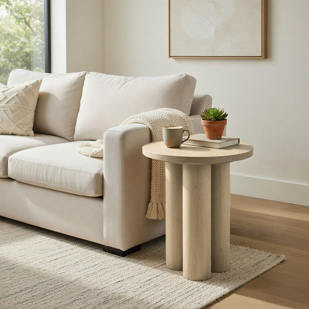 Hazel 17.7 Inch Round Side Table with 3 Pillar Legs, Handcrafted Natural Brown Mango Wood - BM315766