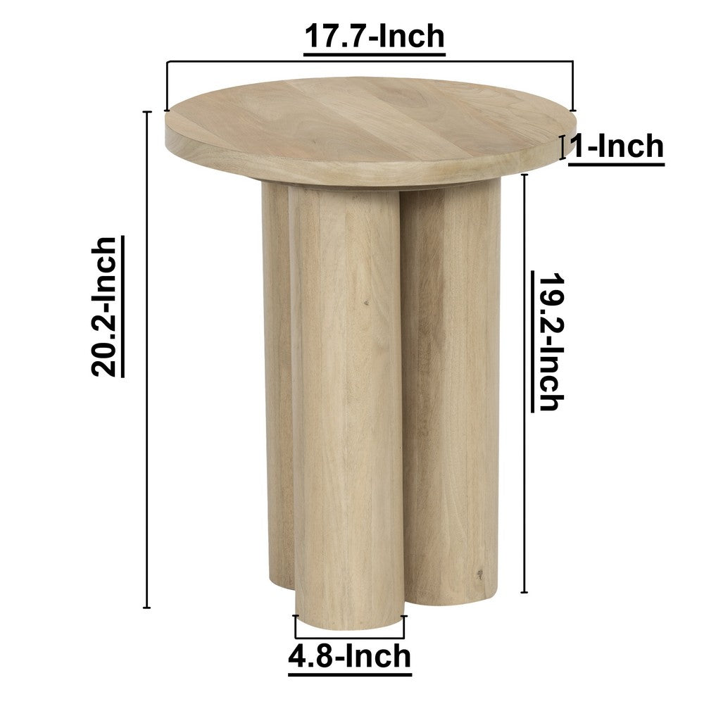 Hazel 17.7 Inch Round Side Table with 3 Pillar Legs, Handcrafted Natural Brown Mango Wood - BM315766