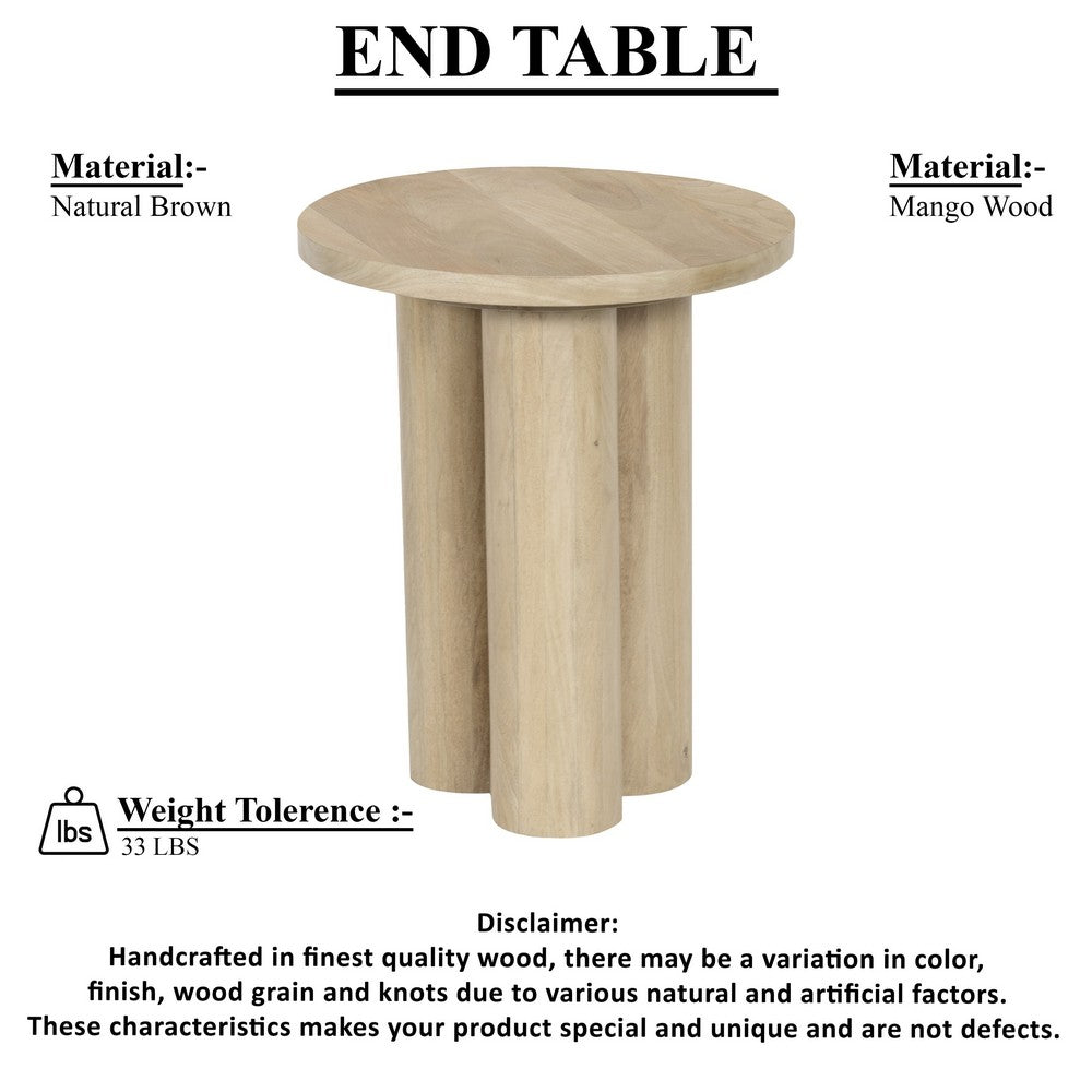 Hazel 17.7 Inch Round Side Table with 3 Pillar Legs, Handcrafted Natural Brown Mango Wood - BM315766