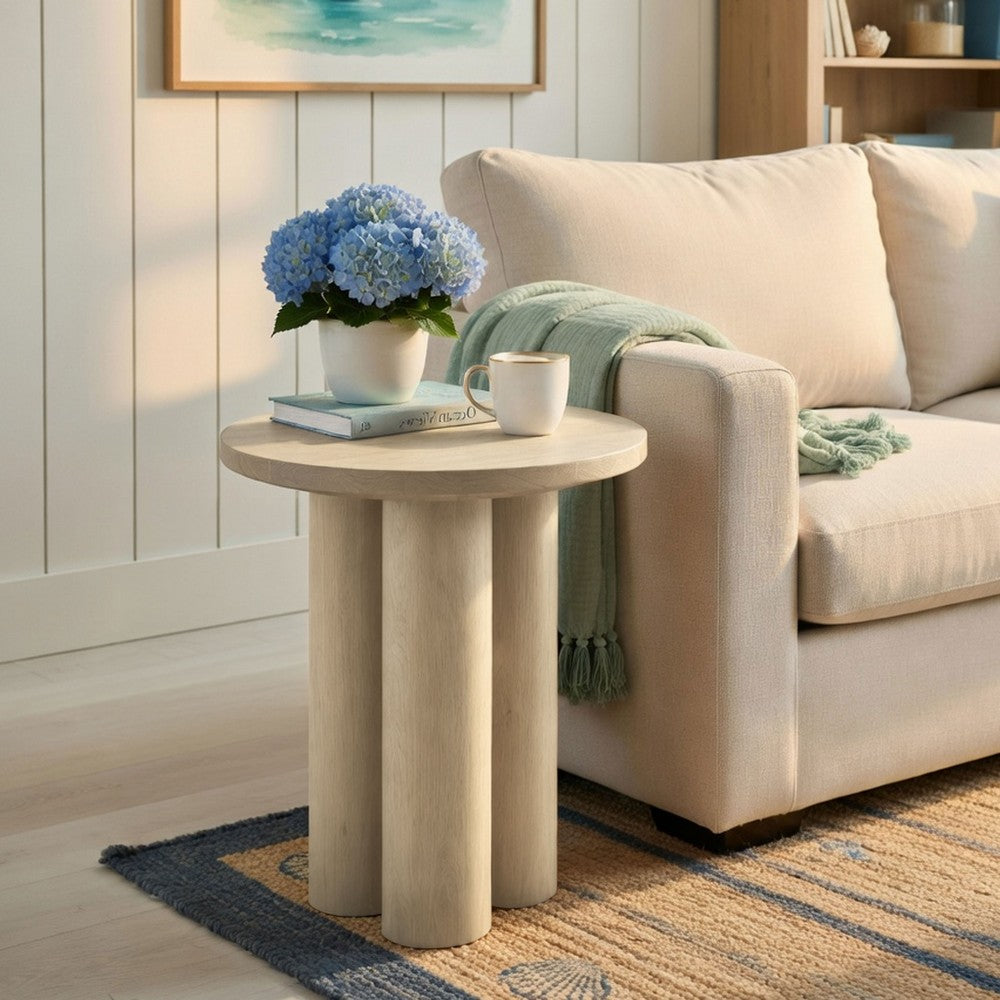 Hazel 17.7 Inch Round Side Table with 3 Pillar Legs, Handcrafted Natural Brown Mango Wood - BM315766