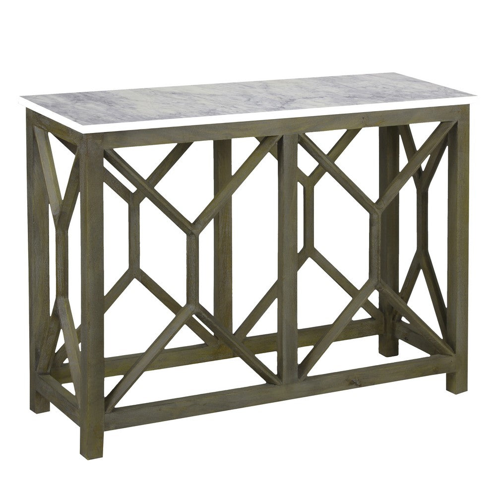 Agas 41 Inch Sofa Console Table, White Genuine Marble Top, Sandblasted Washed Ash Gray Mango Wood Geometric Frame - BM315767