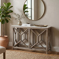 Agas 41 Inch Sofa Console Table, White Genuine Marble Top, Sandblasted Washed Ash Gray Mango Wood Geometric Frame - BM315767