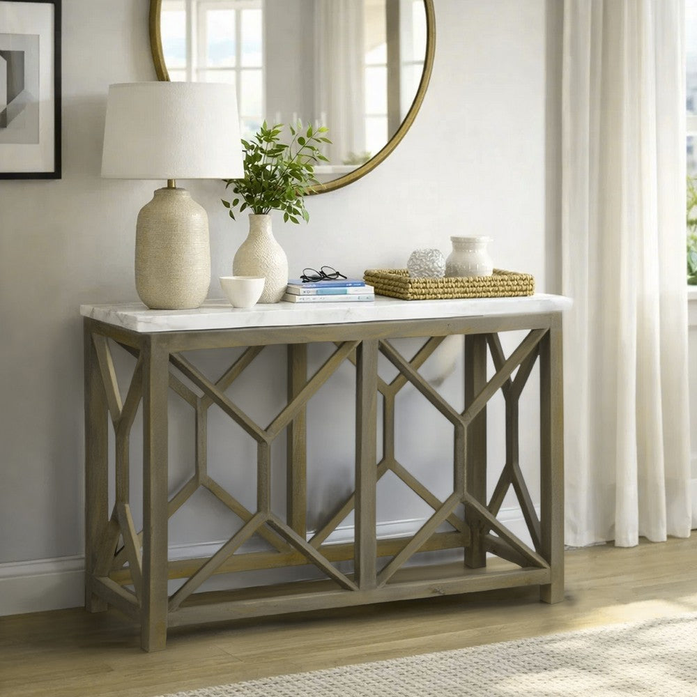 Agas 41 Inch Sofa Console Table, White Genuine Marble Top, Sandblasted Washed Ash Gray Mango Wood Geometric Frame - BM315767