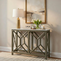 Agas 41 Inch Sofa Console Table, White Genuine Marble Top, Sandblasted Washed Ash Gray Mango Wood Geometric Frame - BM315767