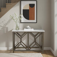 Agas 41 Inch Sofa Console Table, White Genuine Marble Top, Sandblasted Washed Ash Gray Mango Wood Geometric Frame - BM315767