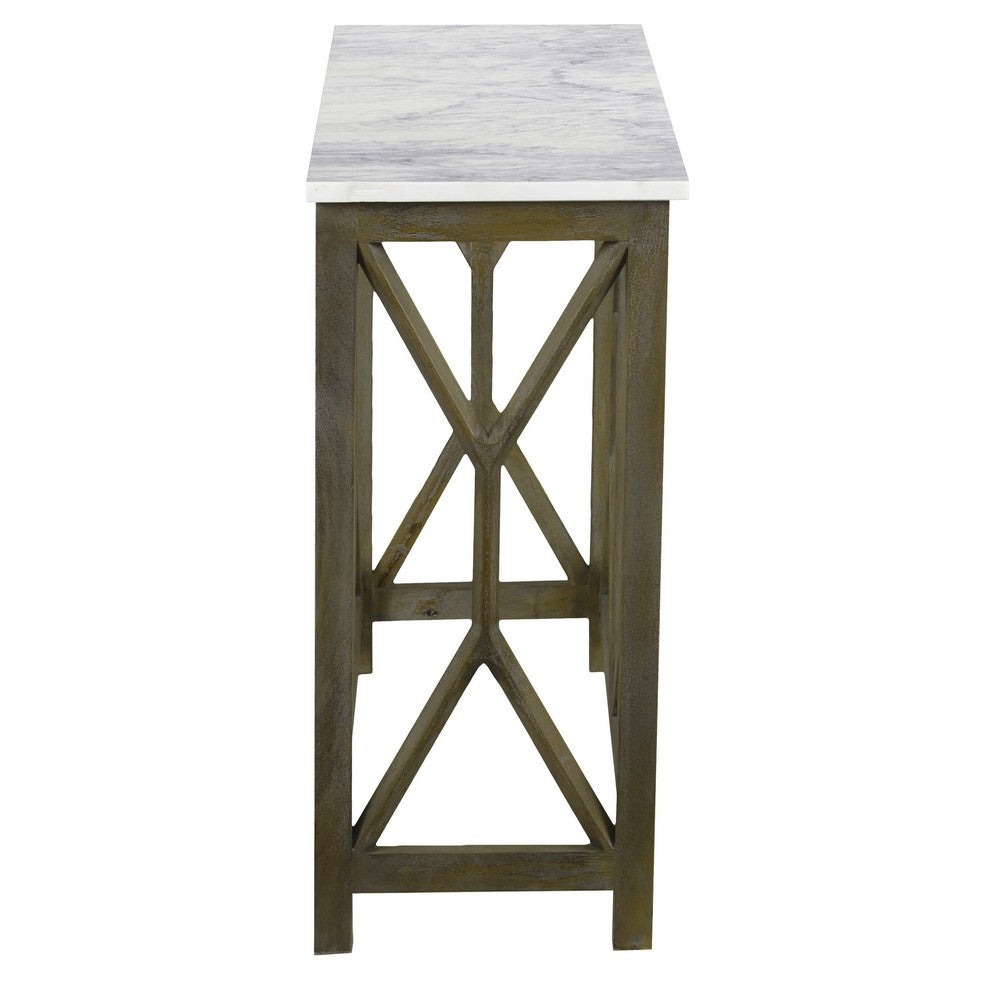 Agas 41 Inch Sofa Console Table, White Genuine Marble Top, Sandblasted Washed Ash Gray Mango Wood Geometric Frame - BM315767