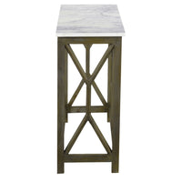 Agas 41 Inch Sofa Console Table, White Genuine Marble Top, Sandblasted Washed Ash Gray Mango Wood Geometric Frame - BM315767