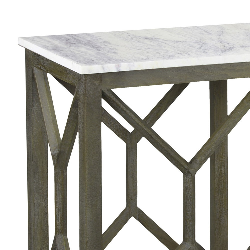 Agas 41 Inch Sofa Console Table, White Genuine Marble Top, Sandblasted Washed Ash Gray Mango Wood Geometric Frame - BM315767
