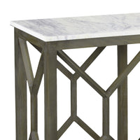 Agas 41 Inch Sofa Console Table, White Genuine Marble Top, Sandblasted Washed Ash Gray Mango Wood Geometric Frame - BM315767