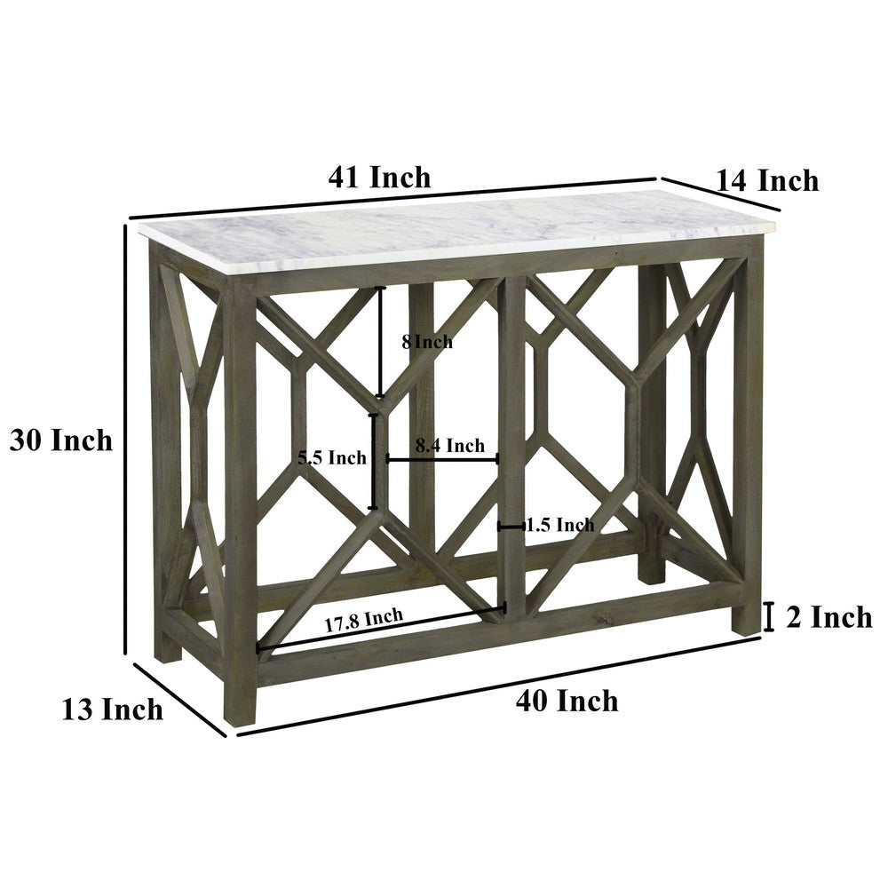 Agas 41 Inch Sofa Console Table, White Genuine Marble Top, Sandblasted Washed Ash Gray Mango Wood Geometric Frame - BM315767