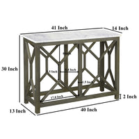 Agas 41 Inch Sofa Console Table, White Genuine Marble Top, Sandblasted Washed Ash Gray Mango Wood Geometric Frame - BM315767