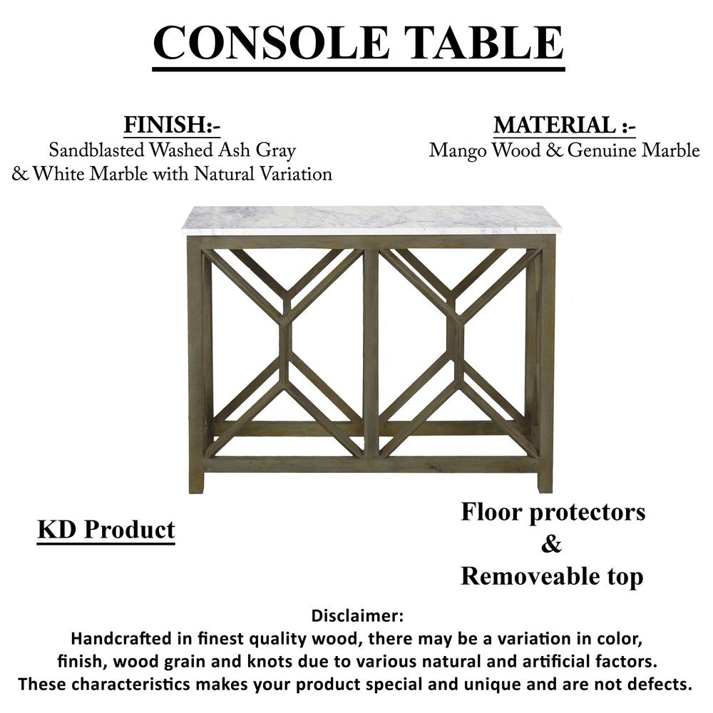 Agas 41 Inch Sofa Console Table, White Genuine Marble Top, Sandblasted Washed Ash Gray Mango Wood Geometric Frame - BM315767