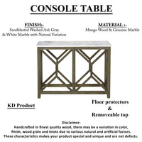 Agas 41 Inch Sofa Console Table, White Genuine Marble Top, Sandblasted Washed Ash Gray Mango Wood Geometric Frame - BM315767