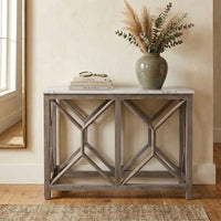 Agas 41 Inch Sofa Console Table, White Genuine Marble Top, Sandblasted Washed Ash Gray Mango Wood Geometric Frame - BM315767