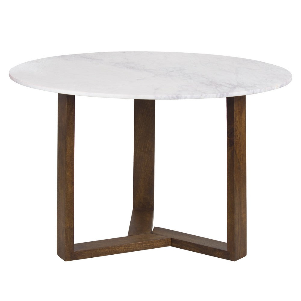 Fina 48 Inch Round Dining Table, White Genuine Marble Top, Natural Brown Mango Wood 3 Leg Sled Base - BM315770