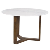 Fina 48 Inch Round Dining Table, White Genuine Marble Top, Natural Brown Mango Wood 3 Leg Sled Base - BM315770