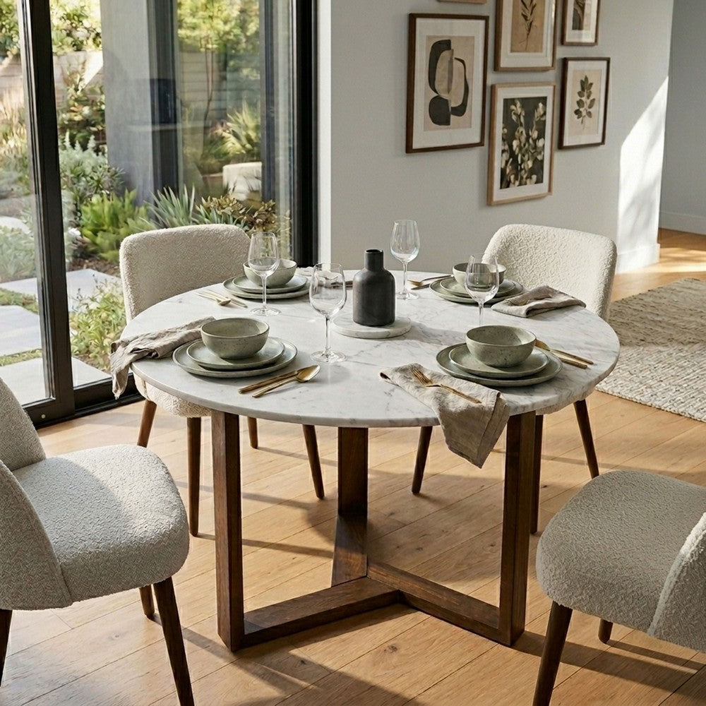 Fina 48 Inch Round Dining Table, White Genuine Marble Top, Natural Brown Mango Wood 3 Leg Sled Base - BM315770