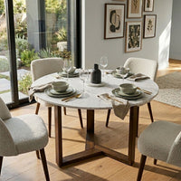 Fina 48 Inch Round Dining Table, White Genuine Marble Top, Natural Brown Mango Wood 3 Leg Sled Base - BM315770