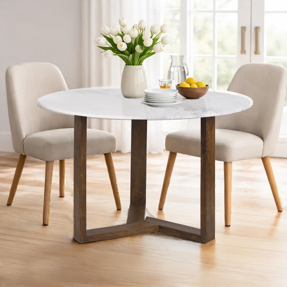 Fina 48 Inch Round Dining Table, White Genuine Marble Top, Natural Brown Mango Wood 3 Leg Sled Base - BM315770