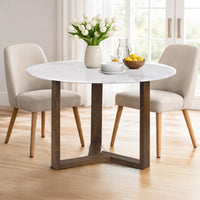 Fina 48 Inch Round Dining Table, White Genuine Marble Top, Natural Brown Mango Wood 3 Leg Sled Base - BM315770