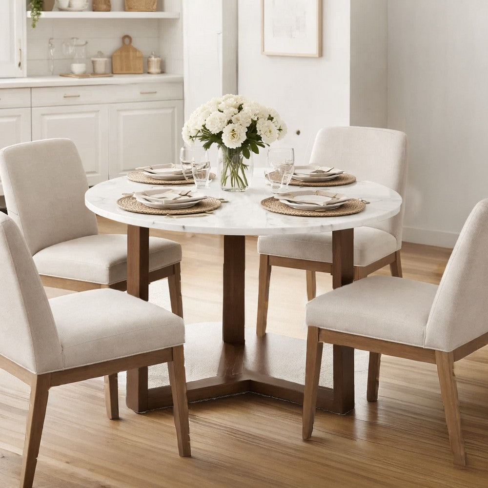 Fina 48 Inch Round Dining Table, White Genuine Marble Top, Natural Brown Mango Wood 3 Leg Sled Base - BM315770