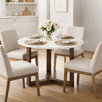 Fina 48 Inch Round Dining Table, White Genuine Marble Top, Natural Brown Mango Wood 3 Leg Sled Base - BM315770