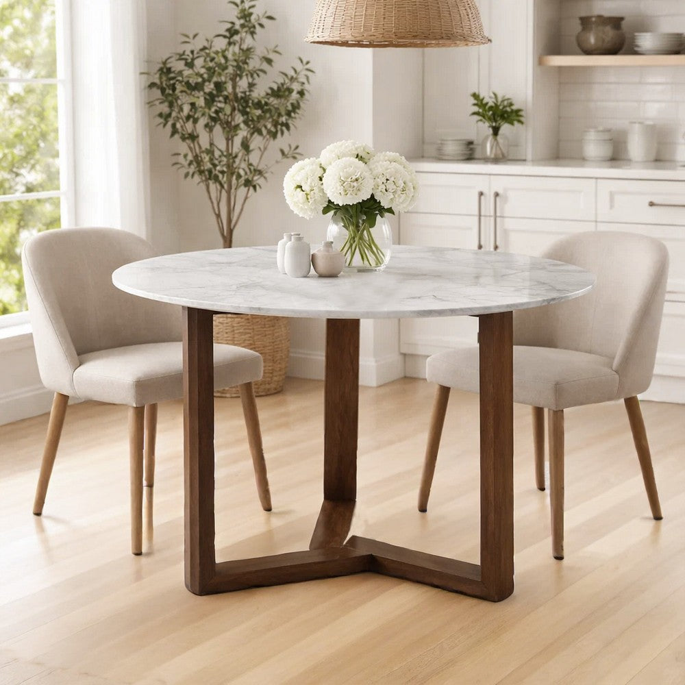 Fina 48 Inch Round Dining Table, White Genuine Marble Top, Natural Brown Mango Wood 3 Leg Sled Base - BM315770