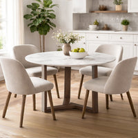 Fina 48 Inch Round Dining Table, White Genuine Marble Top, Natural Brown Mango Wood 3 Leg Sled Base - BM315770