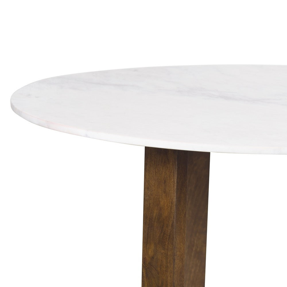 Fina 48 Inch Round Dining Table, White Genuine Marble Top, Natural Brown Mango Wood 3 Leg Sled Base - BM315770