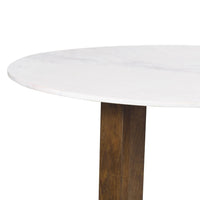 Fina 48 Inch Round Dining Table, White Genuine Marble Top, Natural Brown Mango Wood 3 Leg Sled Base - BM315770