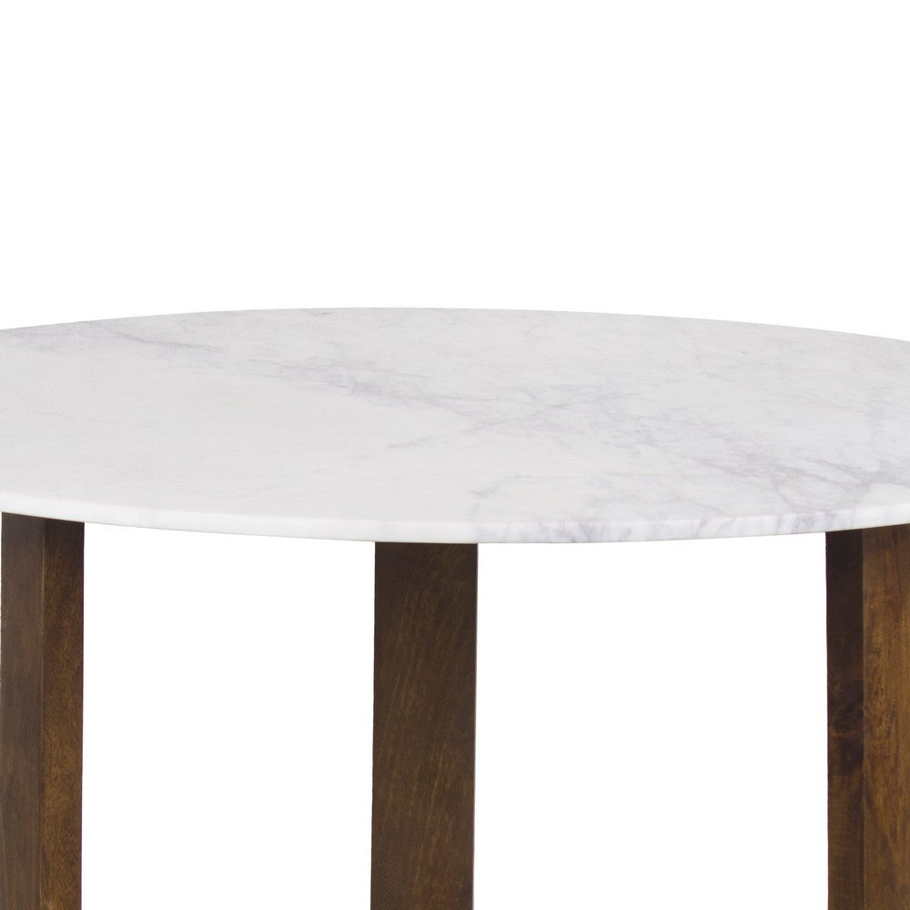 Fina 48 Inch Round Dining Table, White Genuine Marble Top, Natural Brown Mango Wood 3 Leg Sled Base - BM315770