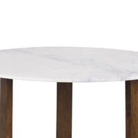 Fina 48 Inch Round Dining Table, White Genuine Marble Top, Natural Brown Mango Wood 3 Leg Sled Base - BM315770