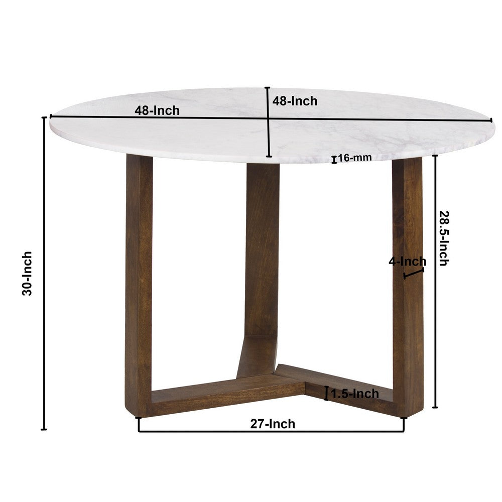 Fina 48 Inch Round Dining Table, White Genuine Marble Top, Natural Brown Mango Wood 3 Leg Sled Base - BM315770