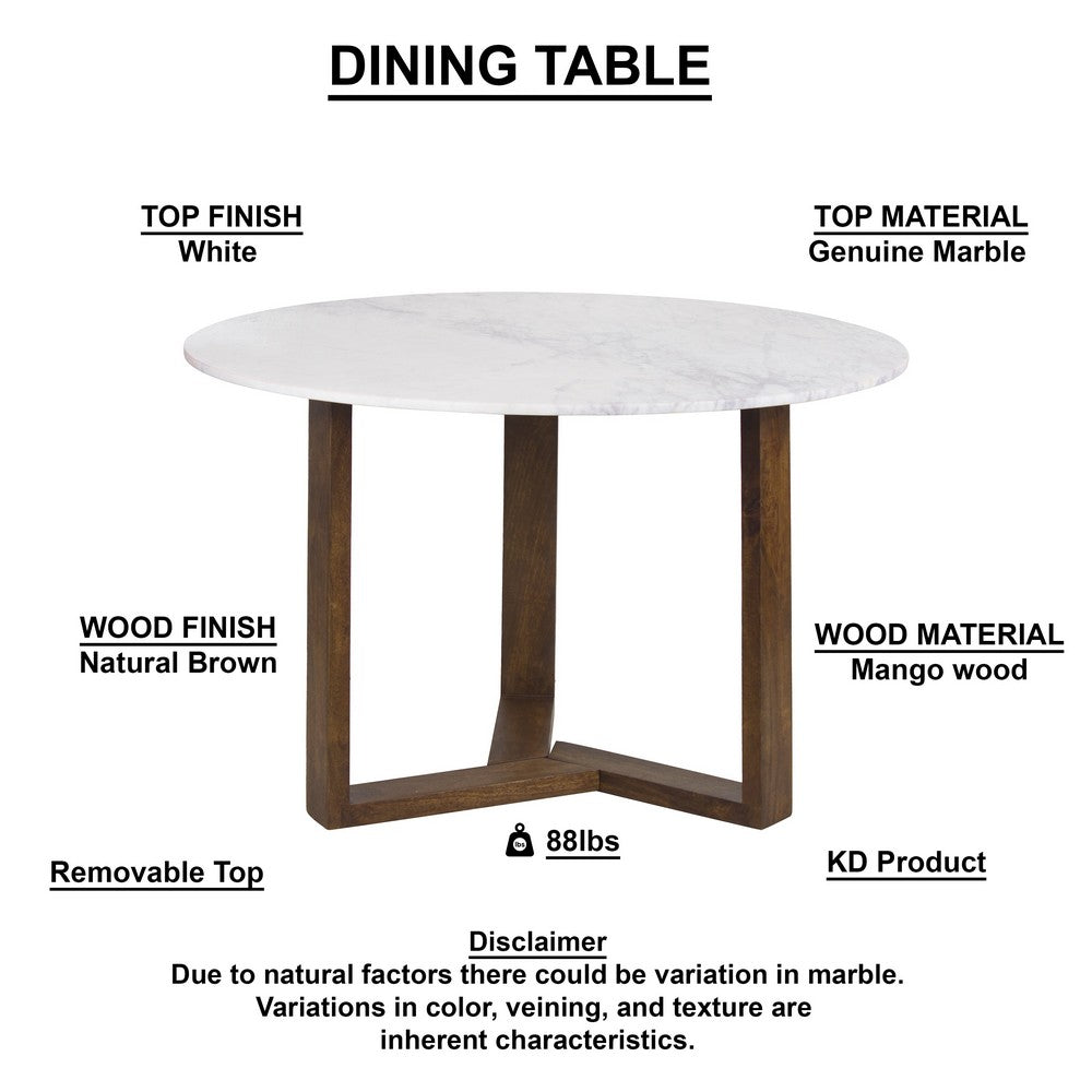 Fina 48 Inch Round Dining Table, White Genuine Marble Top, Natural Brown Mango Wood 3 Leg Sled Base - BM315770