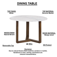 Fina 48 Inch Round Dining Table, White Genuine Marble Top, Natural Brown Mango Wood 3 Leg Sled Base - BM315770