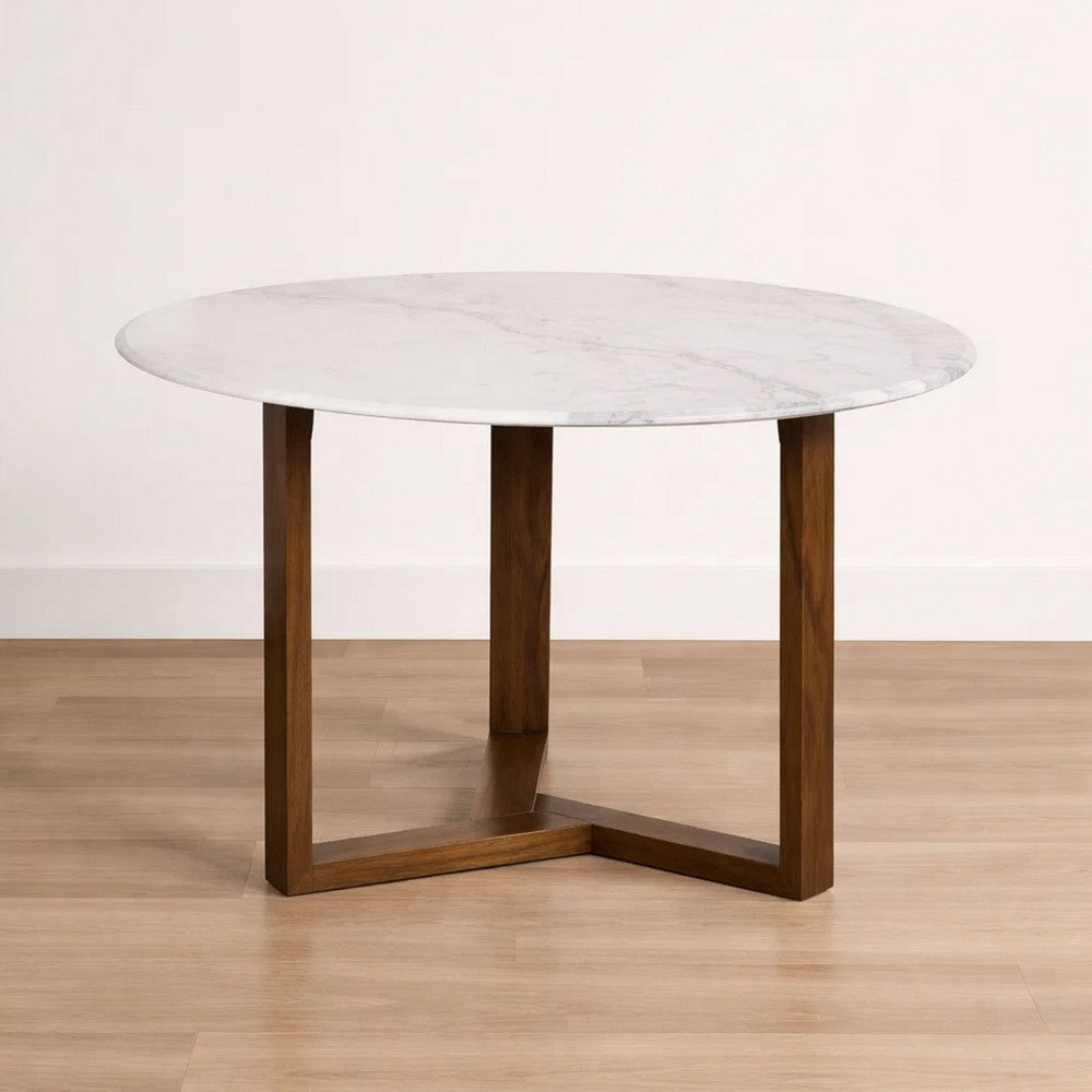 Fina 48 Inch Round Dining Table, White Genuine Marble Top, Natural Brown Mango Wood 3 Leg Sled Base - BM315770