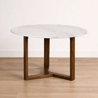 Fina 48 Inch Round Dining Table, White Genuine Marble Top, Natural Brown Mango Wood 3 Leg Sled Base - BM315770