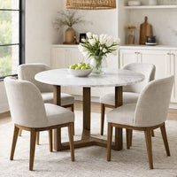 Fina 48 Inch Round Dining Table, White Genuine Marble Top, Natural Brown Mango Wood 3 Leg Sled Base - BM315770