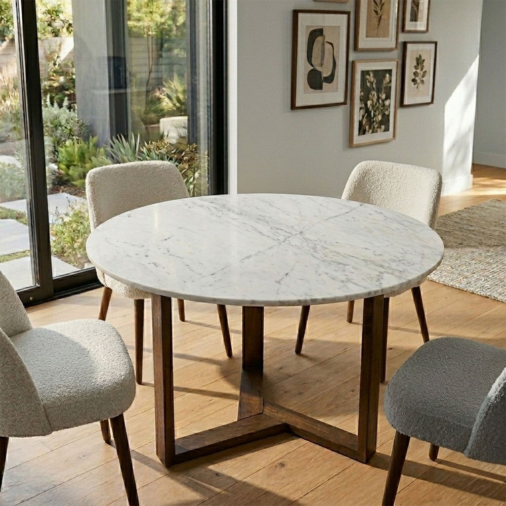 Fina 48 Inch Round Dining Table, White Genuine Marble Top, Natural Brown Mango Wood 3 Leg Sled Base - BM315770