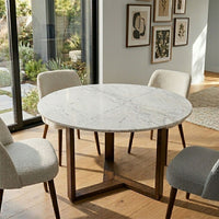 Fina 48 Inch Round Dining Table, White Genuine Marble Top, Natural Brown Mango Wood 3 Leg Sled Base - BM315770