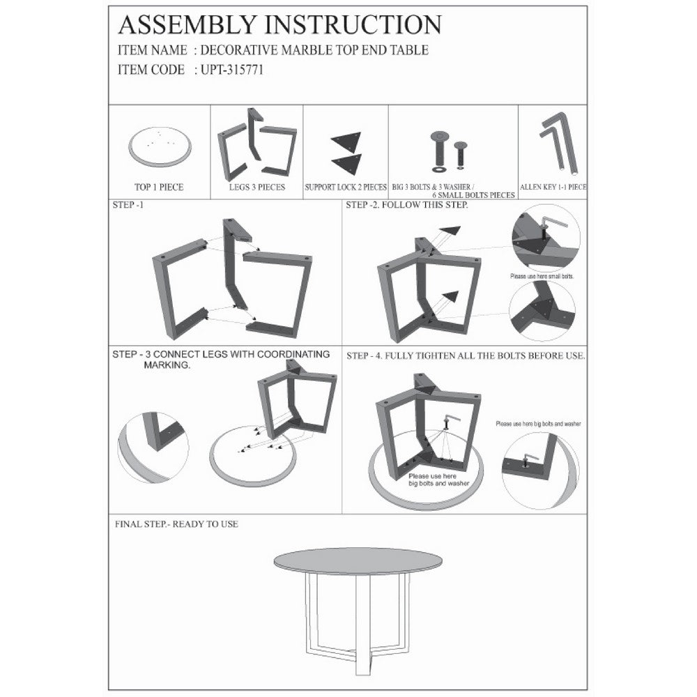 Fina 20 Inch Round Side End Table, White Genuine Marble Top, Natural Brown Mango Wood 3 Leg Sled Base - BM315771